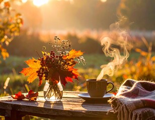 Mug and autumn themed flowers on a table