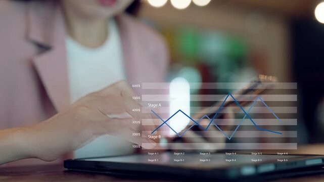 Close-up of hand using digital pen on tablet with blue line chart showing monthly growth rate, representing business performance analytics, smart data visualization, and digital productivity tools.