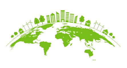 Ecology concept with green city on earth, World environment and sustainable development concept, vector illustration