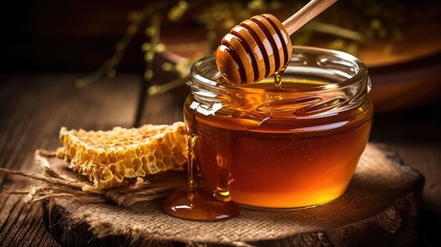 A wooden table with a honey jar and a honeycomb on it.