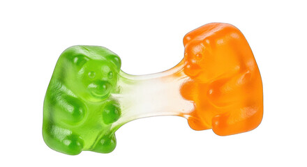 Two Gummy Bears Stretching Green and Orange Candy.