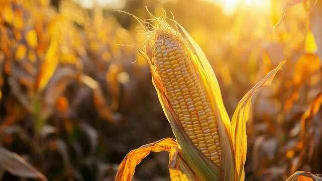 Golden Kernel Glory: A close-up shot of a single, ripe ear of corn, basked in the radiant glow of sunlight, showcasing the beauty of agriculture and nature's bounty.