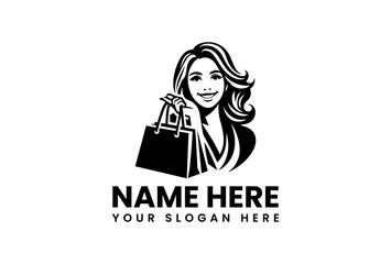 Happy Woman Holding Shopping Bag Logo Design.