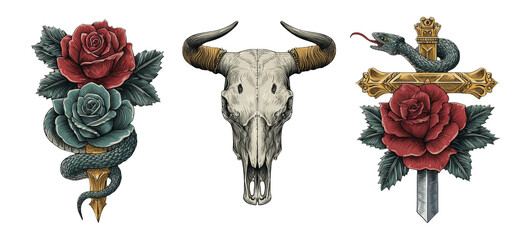 Detailed Tattoo Art Featuring Roses, Skull, and Serpent with Decorative Elements