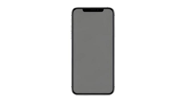 Front view of a modern generic smartphone with a blank grey screen, isolated on a clean white background. Unbranded mobile device object without logo or text