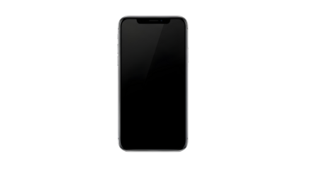 Modern smartphone with a blank screen, shown from the front view and isolated on a clean white background, without any logos or text