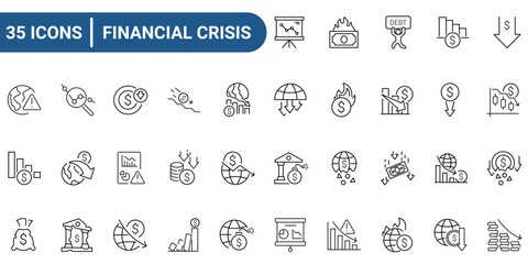 Financial crisis line icon set. Includes bankruptcy, debt, financial , downturn, crisis, and decrease. Editable stroke. Vector illustration
