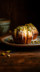 Muffin with icing and pistachios on a ceramic plate, shallow depth of field, dark and moody atmosphere, rustic aesthetic. Generative AI food photography.