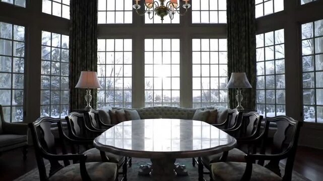 Grand stone home covered in snow, winter landscape, facade view.