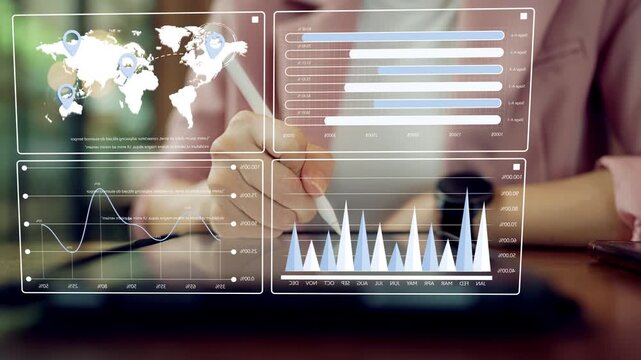 Business professional analyzing financial growth chart with upward arrow and global market data, representing investment performance, corporate strategy and analytics for infographic video and busines