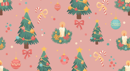 Whimsical Christmas pattern featuring festive trees, glowing candles, and candy canes in a charming retro style, perfect for holiday projects