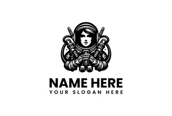 Intricate Black and White Illustration of a Female Astronaut Holding Binoculars.