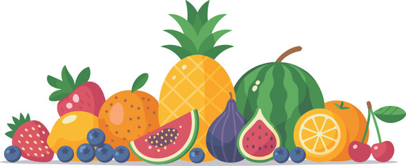 Colorful tropical fruits collection with pineapple, watermelon, strawberries, oranges, cherries, blueberries and figs, healthy food illustration for summer design