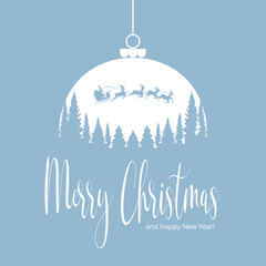 Festive greeting card featuring a white ornament silhouette and Santa sleigh set against a soft blue background. The pine forest scene conveys holiday warmth, Christmas cheer, and hopeful New Year.