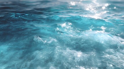 Close up of dynamic blue ocean waves with sunlight reflecting on the surface