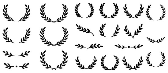 Collection of black laurel wreaths and leaf branches in various minimalist styles used for awards, badges, logos, and certificates. Minimalist Award and Victory Laurel Elements