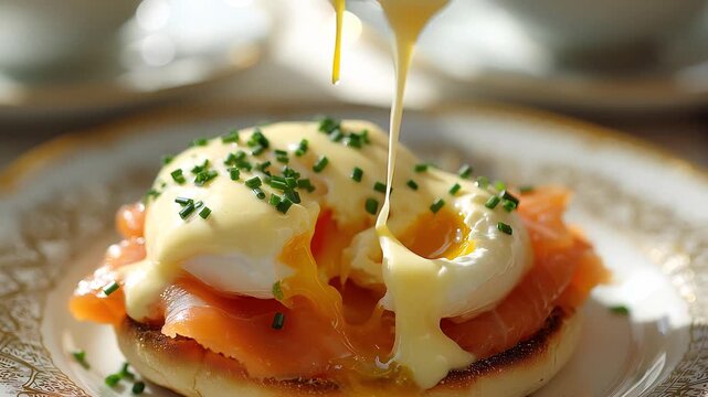 A salmon eggs benedict being cut with a fork on a decorative plate in bright sunlight