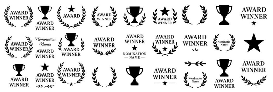 Set of black award winner icons including trophies, laurel wreaths, stars, and nomination badges in flat vector style for certificates and recognition designs. Black Laurel and Trophy Vector