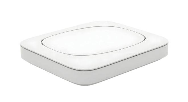 A sleek and modern wireless router depicted as a plain object, isolated on a clean white background. This high-resolution technology device has no shadow, no logo, and no text for easy customization