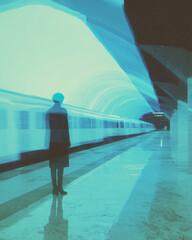 Lonely traveler patiently waiting on futuristic subway platform, feeling contemplative