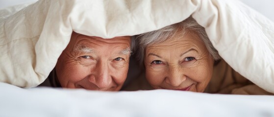 The Elderly Couple Smiling Under a White Duvet in a Cozy Bed