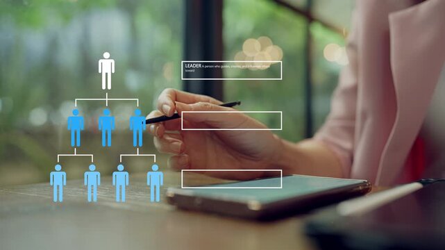 Business professional creating organization structure chart with team hierarchy and workflow planning, representing human resource management, corporate structure and leadership strategy for infograph