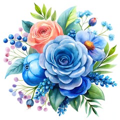 Vibrant watercolor bouquet with blue and peach roses. A cheerful spring garden floral illustration. A beautiful hand-painted arrangement with berries, isolated on white.