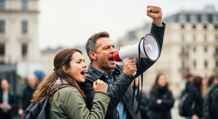 Activist man with a megaphone and a woman shouting at a protest. People at a political rally for social justice and freedom of speech