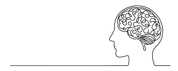 Abstract Brain in Profile, A minimalist line drawing of a human head in profile, featuring a swirling, interconnected brain design