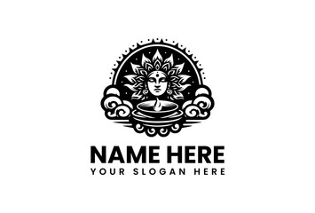 Intricate SunFaced Deity Logo with Flame Clouds and Decorative Elements.