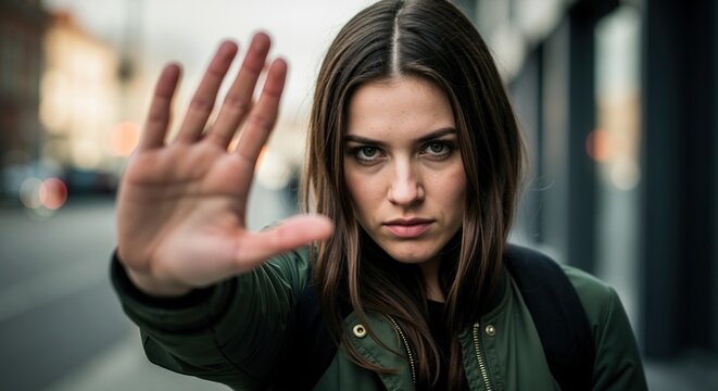 A serious woman makes a stop gesture with her hand. Young female protesting and showing refusal. Setting boundaries and personal defense concept
