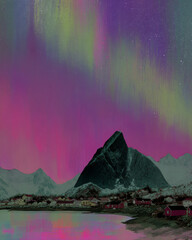 Vibrant northern lights illuminate serene mountain village reflection on tranquil water
