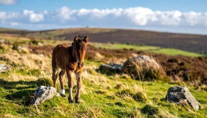 Fototapeta premium A juvenile equine stands in a field, gazing directly at the viewer. The creature is set against a backdrop of hilly terrain and a partly cloudy sky