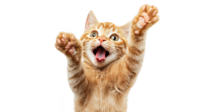 A playful orange tabby kitten with its paws raised in excitement. its fur and joyful expression against a clean white background. perfect for pet-related content
