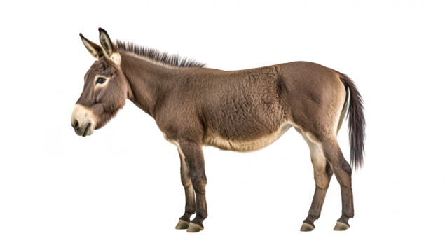 A serene donkey stands gracefully in a studio setting with a plain white background. its unique features and calm demeanor. ideal for educational and wildlife-related content