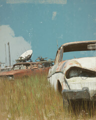 Rusted vehicles litter vast post apocalyptic wasteland, evoking sense of profound decay