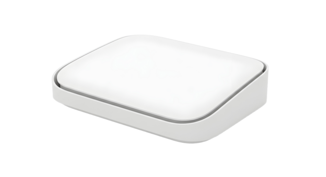 Modern white portable Wi-Fi router with a sleek metallic accent, presented as a clean product shot on an isolated background