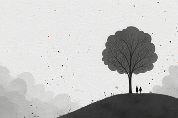 Minimalist ink illustration shows single tree on hill with human couple feeling peaceful