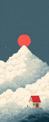 Small house floats among soft cloud layers, red sun above mountain peak. Sky holds dream