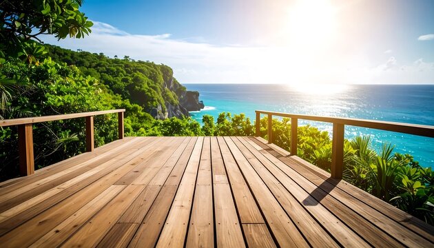 Wooden Deck Overlooking Ocean View and Tropical Landscape at Sunrise