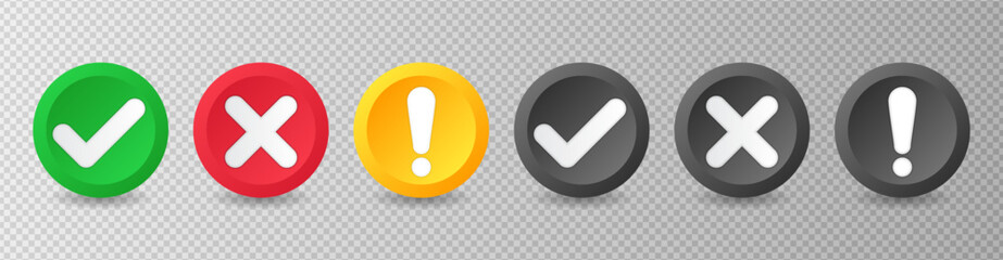 Obraz premium Check mark icons. Checkmark and cross mark buttons. Tick sign, exclamation mark and cross icon. Yes and No symbols. Vector illustration for ui, infographic, website, app, web use