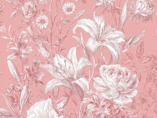 Elegant, graceful hand-drawn floral pattern with lilies, peonies, roses, chrysanthemums with white borders on pink background
