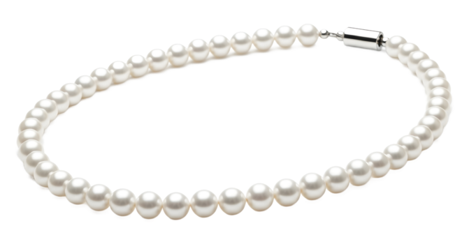 A timeless and elegant single strand pearl necklace featuring round, lustrous gems, isolated as a plain object on a clean white background