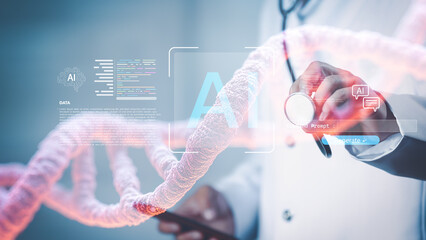 Futuristic healthcare concept with doctor using AI technology and DNA data analysis for innovation,...