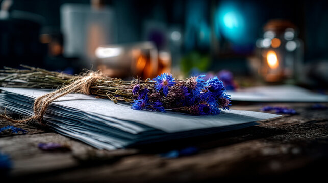 Handmade vintage letters with dried cornflowers on rustic wooden table
