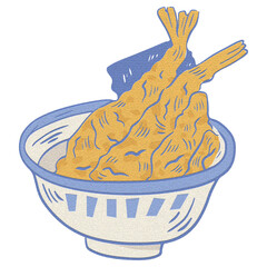 Tempura Shrimp Bowl Illustration. Deep fried tempura shrimp in a bowl. Perfect for Asian food packaging, posters, or menu design.