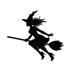 Silhouette of a witch flying on a broomstick against a dark background