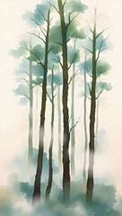 Misty forest with tall trees and soft blue-green foliage