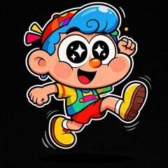 Expressive cartoon boy with sparkly anime eyes and blue hair, a modern vector mascot illustration for kids.