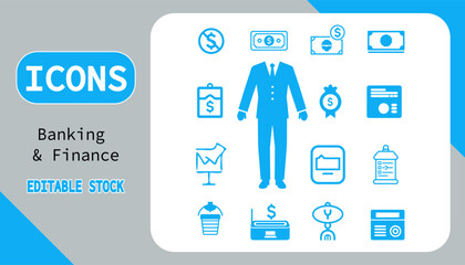 This image features a set of banking and finance icons, perfect for illustrating financial concepts. The icons are clean, modern, and easily editable for various uses.